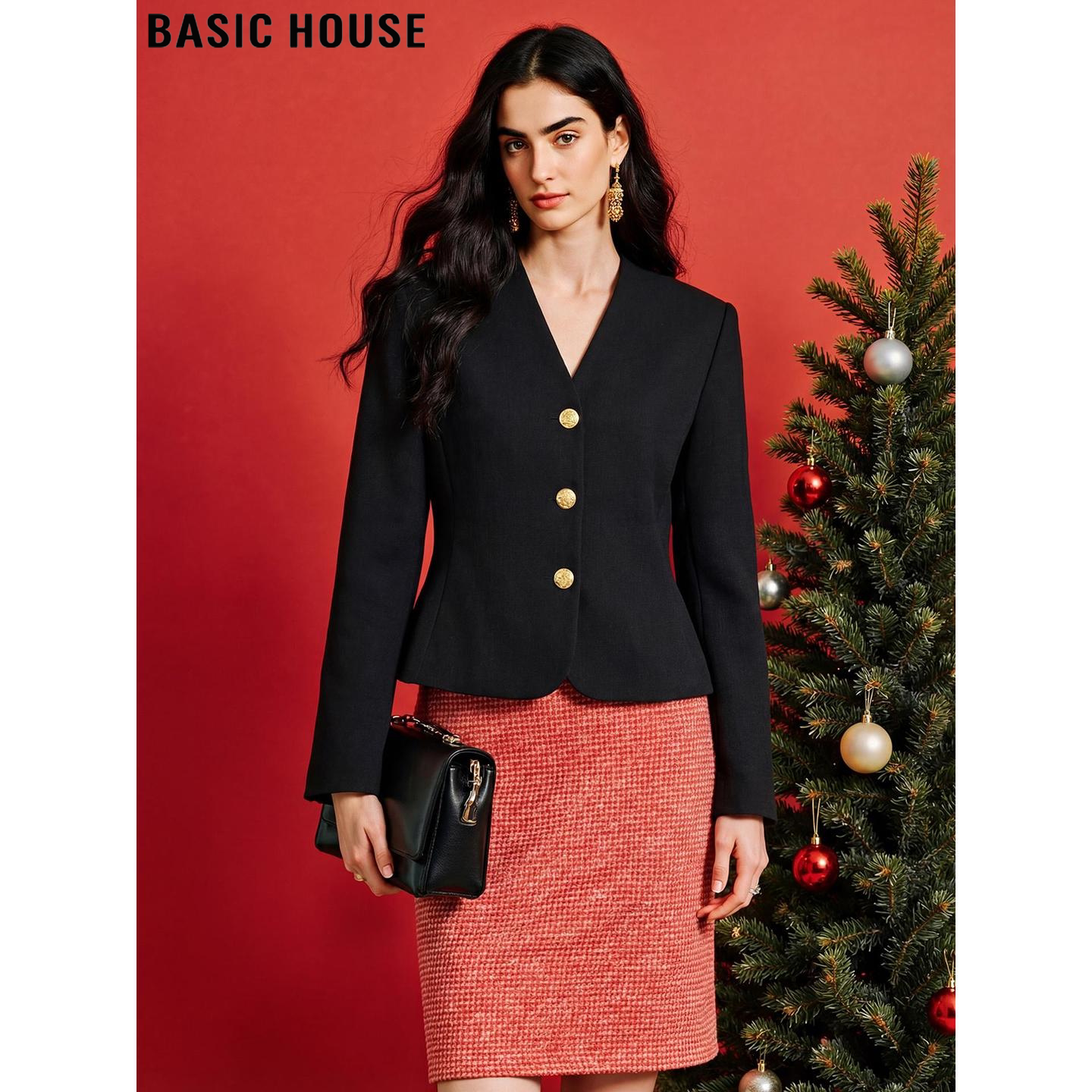 Basic House/百家好黑色V领西装外套女士2026早春新款小个子西服