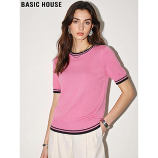 House 圆领半袖 百家好玫红色天丝短袖 女夏季 冰丝T恤 针织衫 Basic