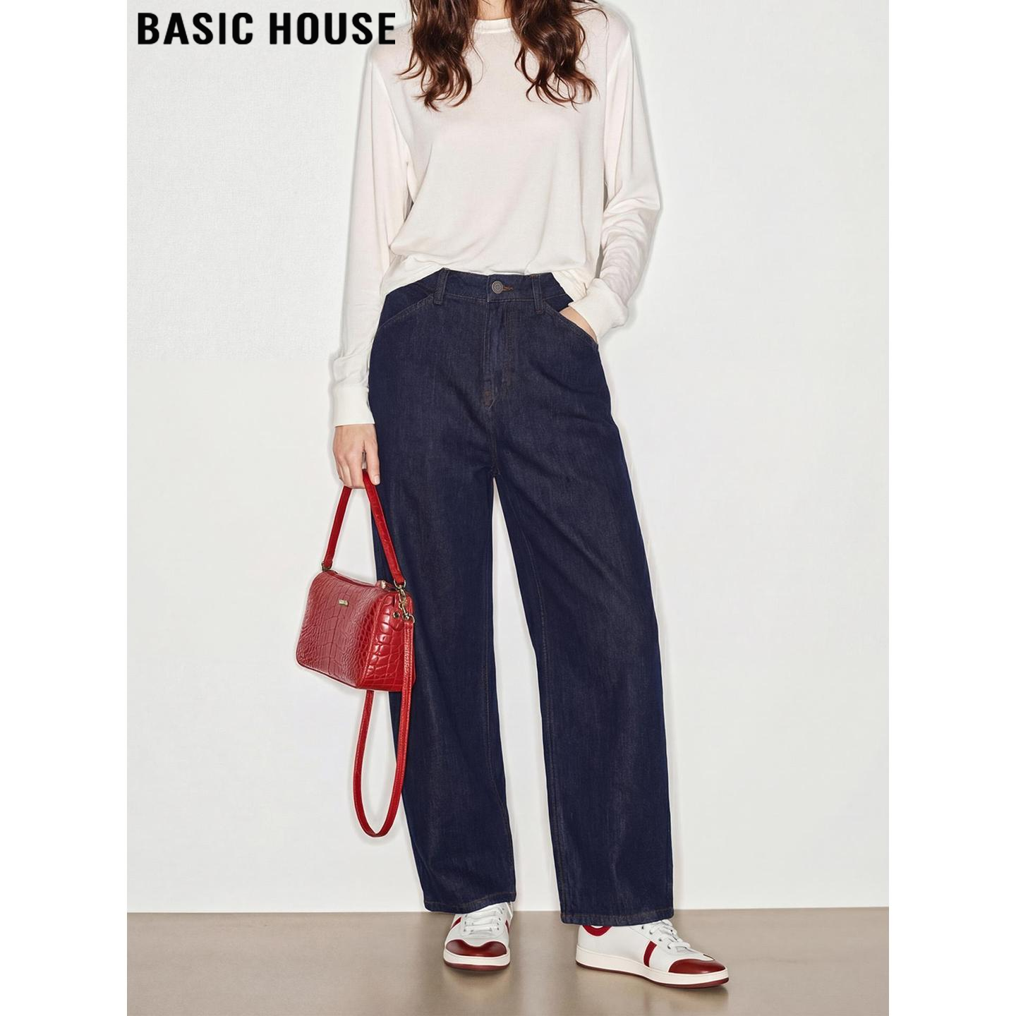Basic House/百家好高腰弯刀阔腿裤女2026春季新款遮胯显瘦牛仔裤