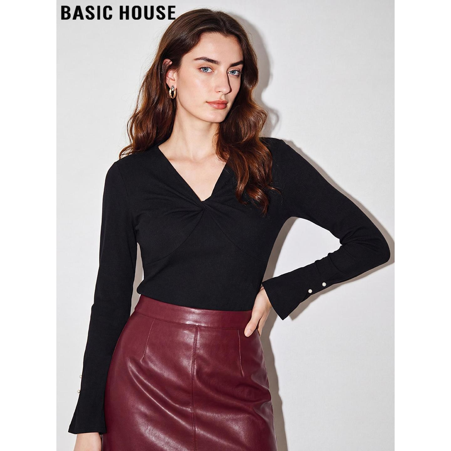 Basic House/百家好设计感V领长袖T恤女2026春季新款修身黑色上衣,女装/女士精品,T恤,淘宝优惠券,粉丝福利购,淘宝优惠卷