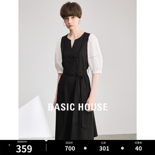 新款 Basic House 百家好赫本风连衣裙女2024夏季 撞色天丝收腰裙子