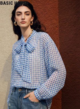 Basic House/百家好通勤风系带领格子衬衫女2026春季新款薄款衬衣