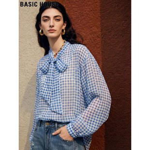 House 薄款 百家好通勤风系带领格子衬衫 新款 衬衣 女2026春季 Basic