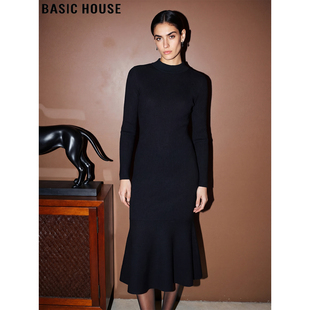 Basic House/百家好黑色半高领针织连衣裙女冬季高级感加厚鱼尾裙