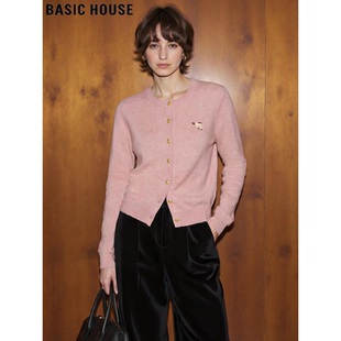 Basic House/百家好粉色小马刺绣针织衫女2026春季新款温柔风外套