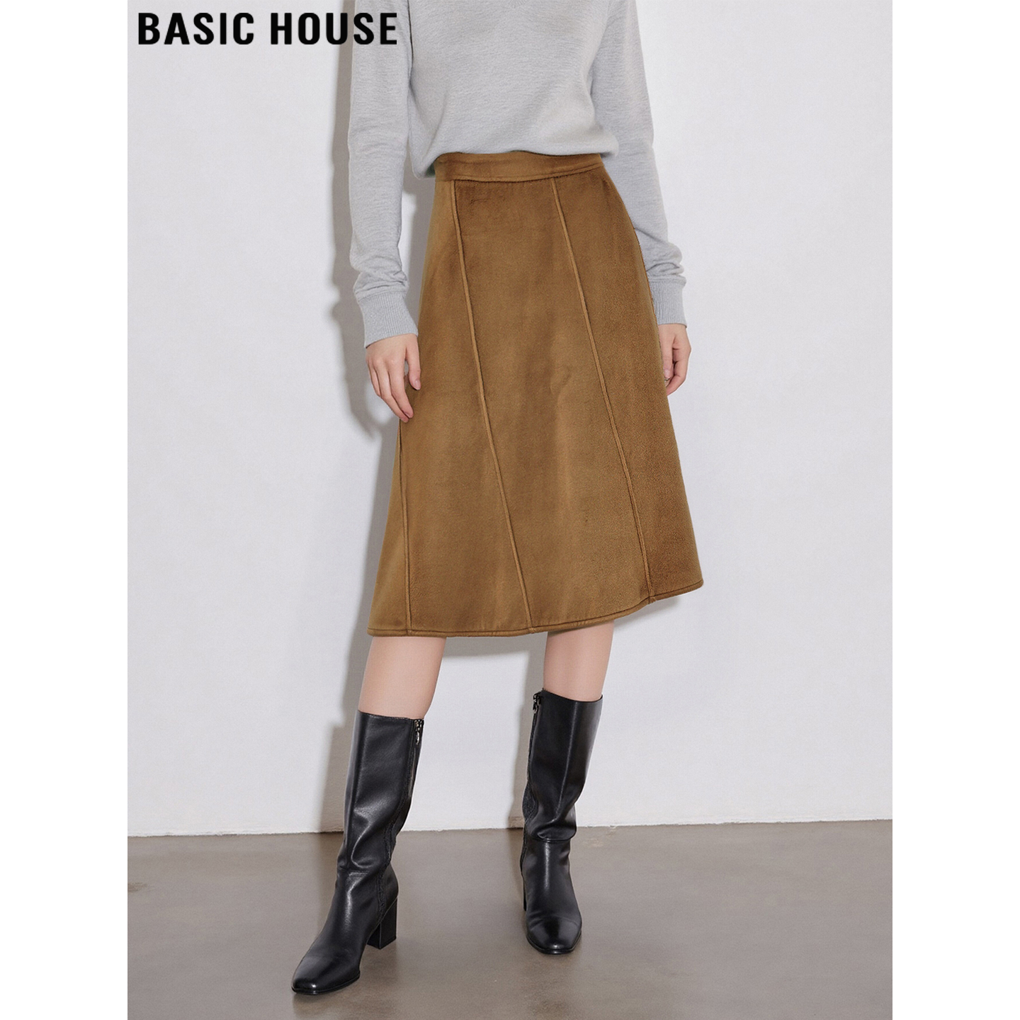 Basic House/百家好美拉德驼色A字半身裙女冬季高腰遮胯中长裙子,女装/女士精品,半身裙,淘宝优惠券,粉丝福利购,淘宝优惠卷