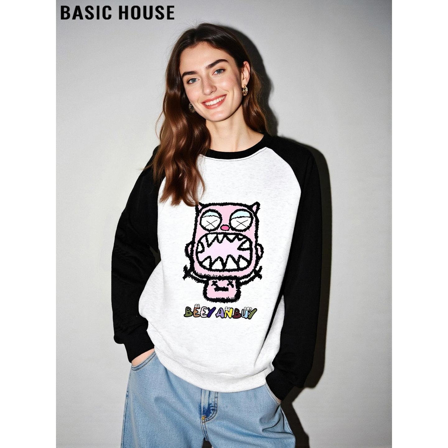 百家好美式复古撞色印花圆领卫衣