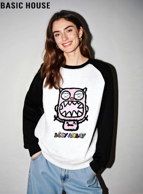 Basic House/百家好美式复古撞色印花圆领卫衣女冬季慵懒风打底衫