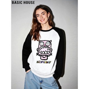 慵懒风打底衫 Basic 复古撞色印花圆领卫衣女春季 百家好美式 House