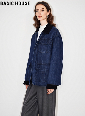Basic House/百家好蓝色翻领牛仔外套女2026春季新款宽松休闲夹克