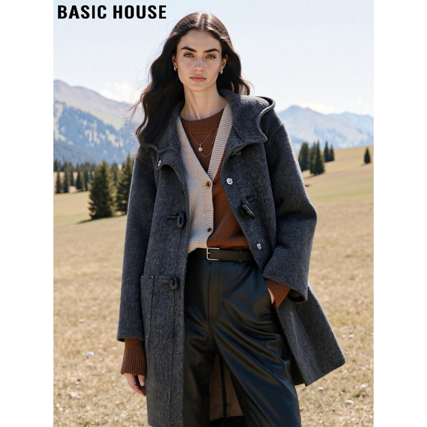 百家好中长款深灰色羊毛呢子大衣