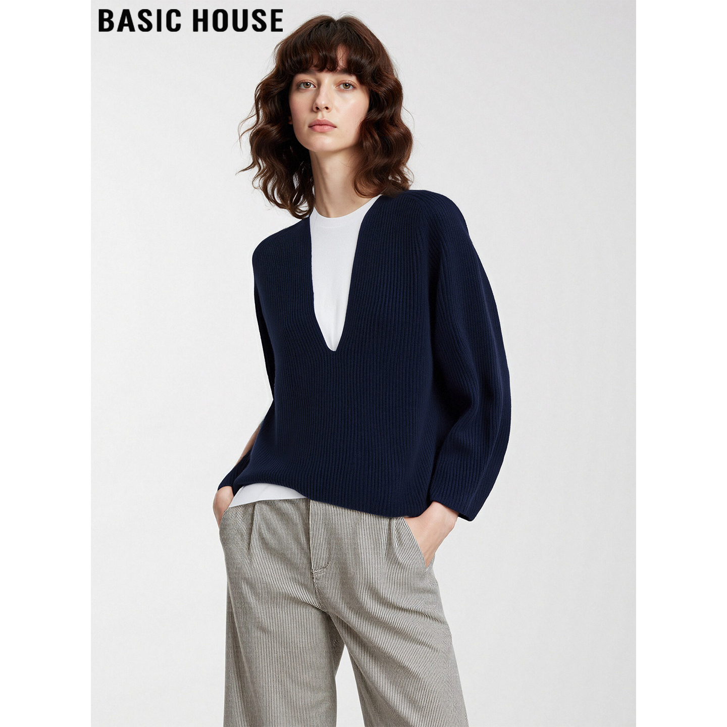 百家好藏蓝色V领长袖针织衫毛衣