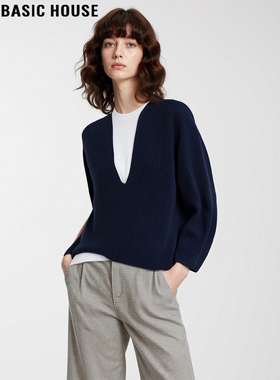 Basic House/百家好藏蓝色V领针织衫女士冬季含羊毛宽松加厚毛衣