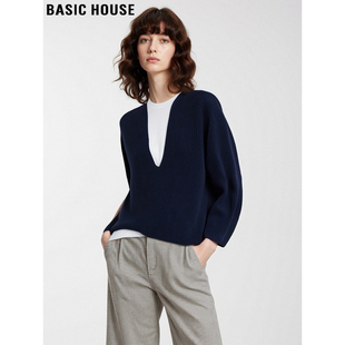 Basic House/百家好藏蓝色V领针织衫女士冬季含羊毛宽松加厚毛衣