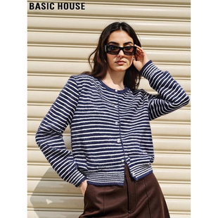 Basic House/百家好时尚条纹圆领针织开衫女2026春季新款软糯毛衣