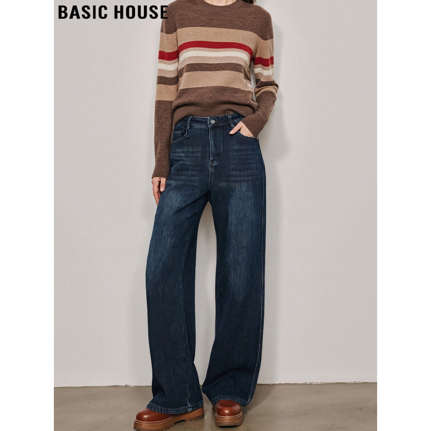 Basic House/百家好复古蓝灰色加绒直筒牛仔裤女2025秋冬阔腿裤子