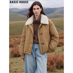 Basic House/百家好慵懒风短款毛领外套女士冬季宽松90鸭绒羽绒服