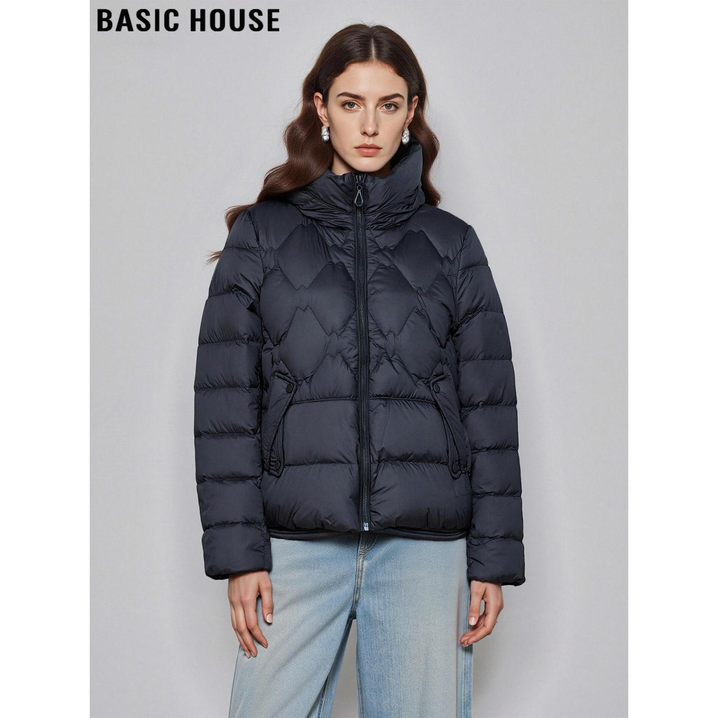 百家好黑色90鸭绒加厚立领羽绒服