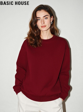 Basic House/百家好红色圆领长袖卫衣女冬季慵懒风宽松加厚打底衫
