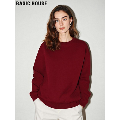 百家好慵懒风红色加绒圆领卫衣女