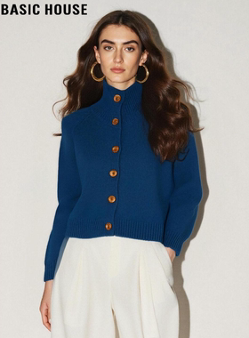Basic House/百家好蓝色高领毛衣外套女2025秋冬新款短款针织开衫