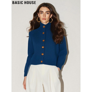 House 针织开衫 百家好蓝色高领毛衣外套女2026春季 短款 新款 Basic