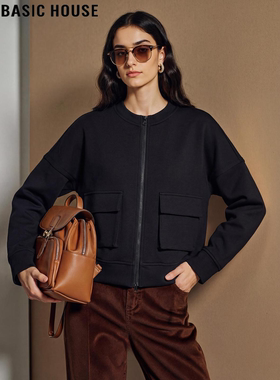 Basic House/百家好黑色圆领卫衣外套女2026春季新款拉链短款上衣