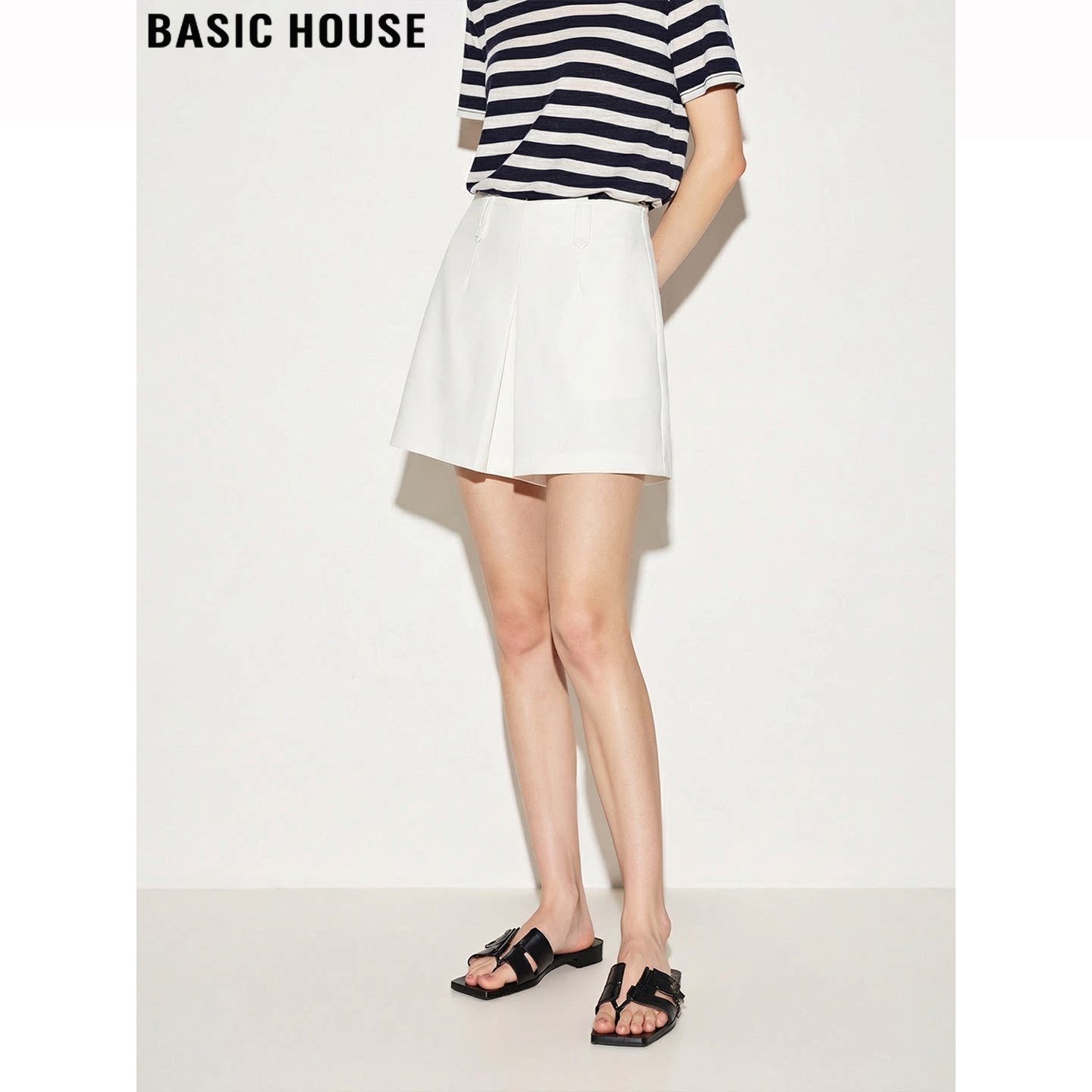 Basic House/百家好白色开叉短裤裙女2026夏季新款高腰A字半身裙