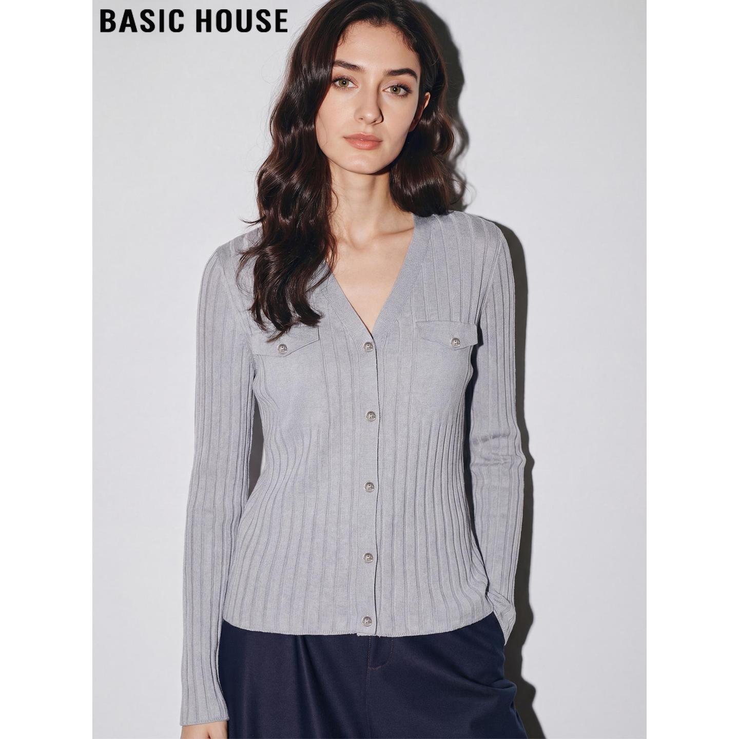 Basic House/百家好灰色V领针织开衫女2026春季新款修身坑条上衣