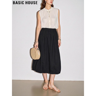 新款 百家好黑色纯棉高腰半身裙女2026春季 A字花苞裙 House Basic