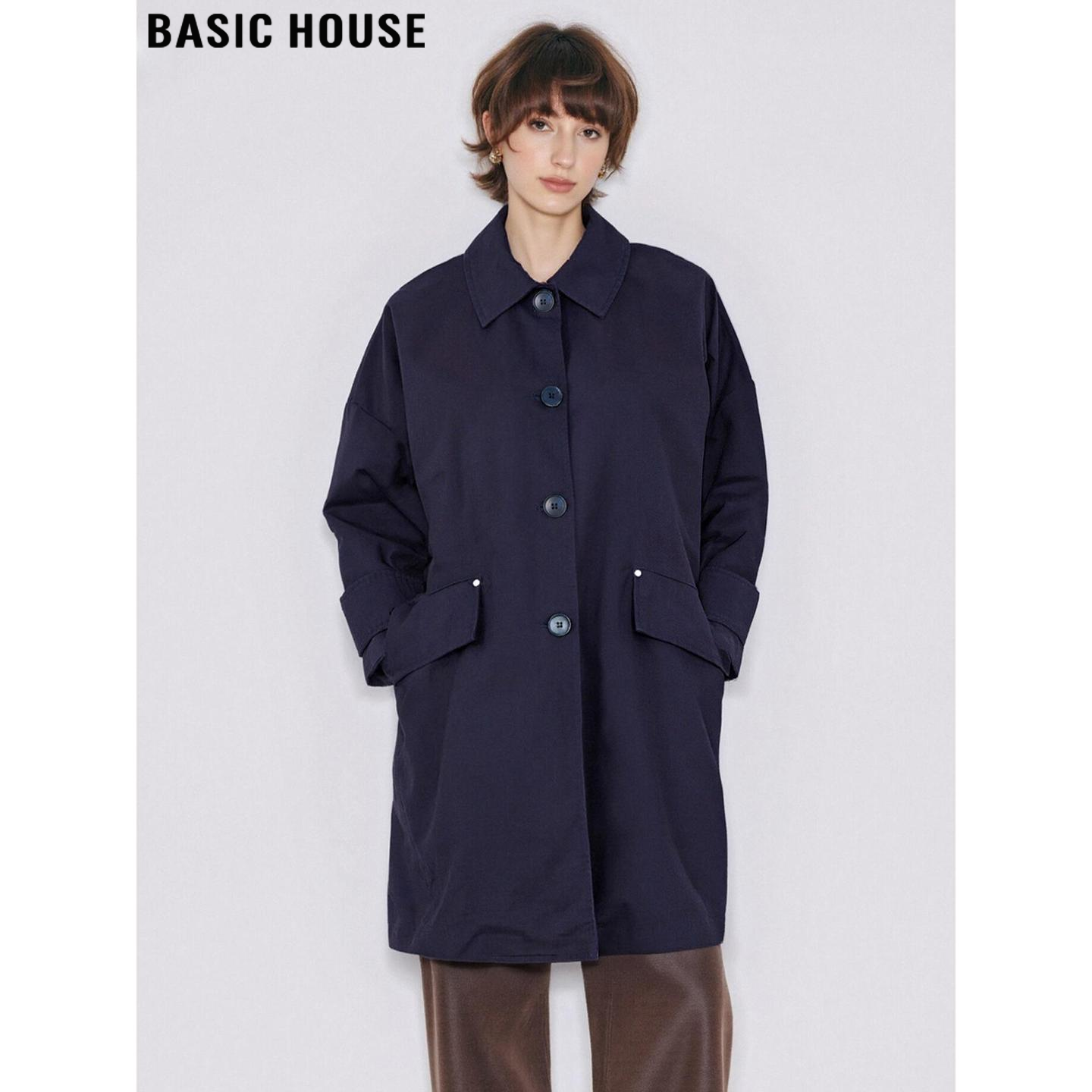 百家好复古藏青色中长款风衣外套