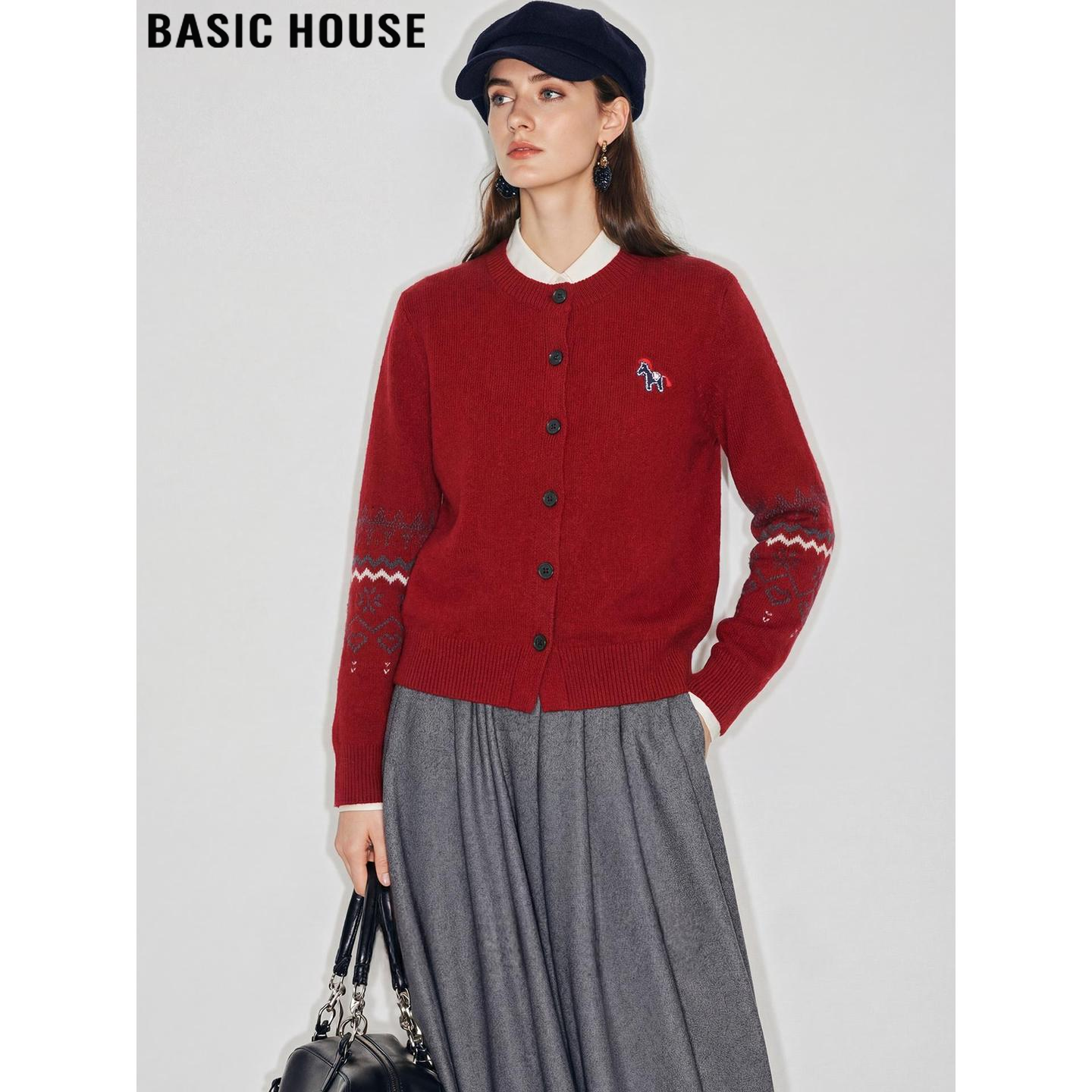 Basic House/百家好提花圆领针织开衫女2026春季新款红色毛衣外套,女装/女士精品,毛针织衫,淘宝优惠券,粉丝福利购,淘宝优惠卷