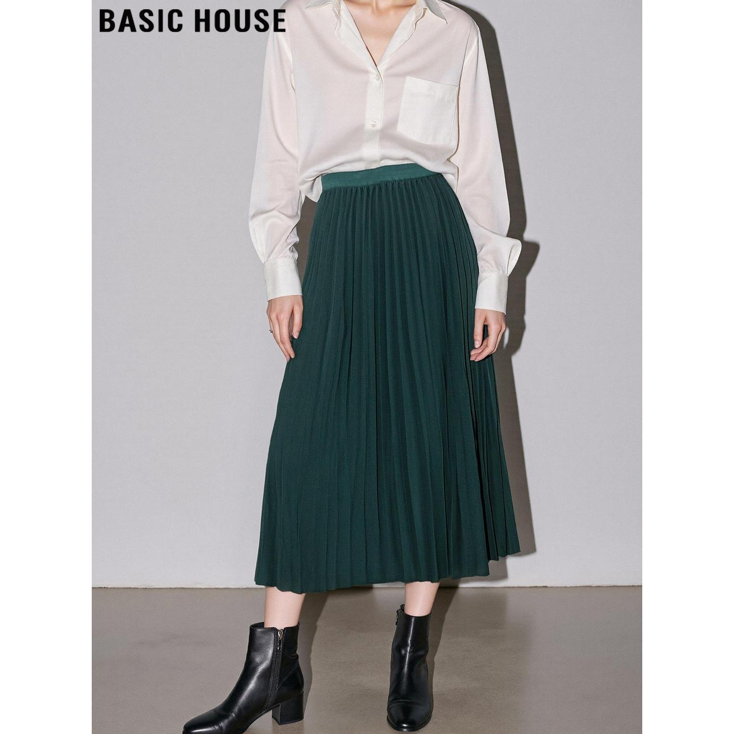 Basic House/百家好复古墨绿色百褶半身裙女秋冬高腰遮胯A字半裙