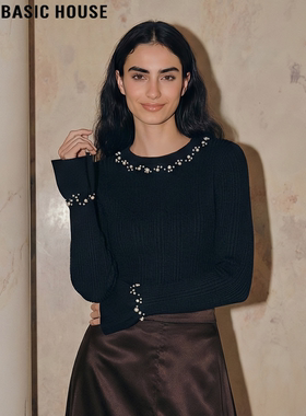 Basic House/百家好黑色钉珠针织衫女士2026春季新款圆领内搭上衣