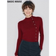 Basic 上衣 女冬修身 House 百家好设计感斜扣红色半高领针织打底衫