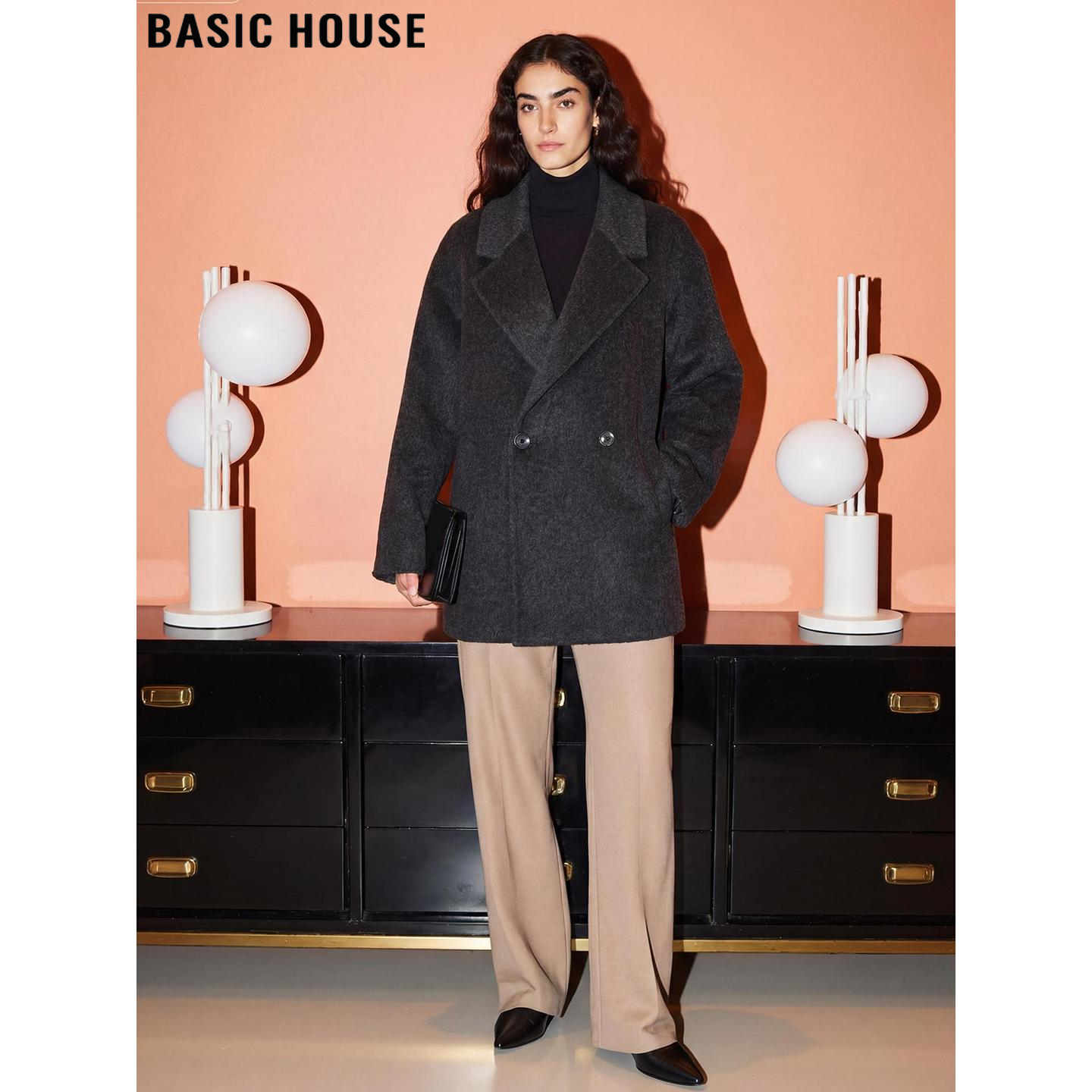 百家好中长款灰色羊毛呢子大衣女