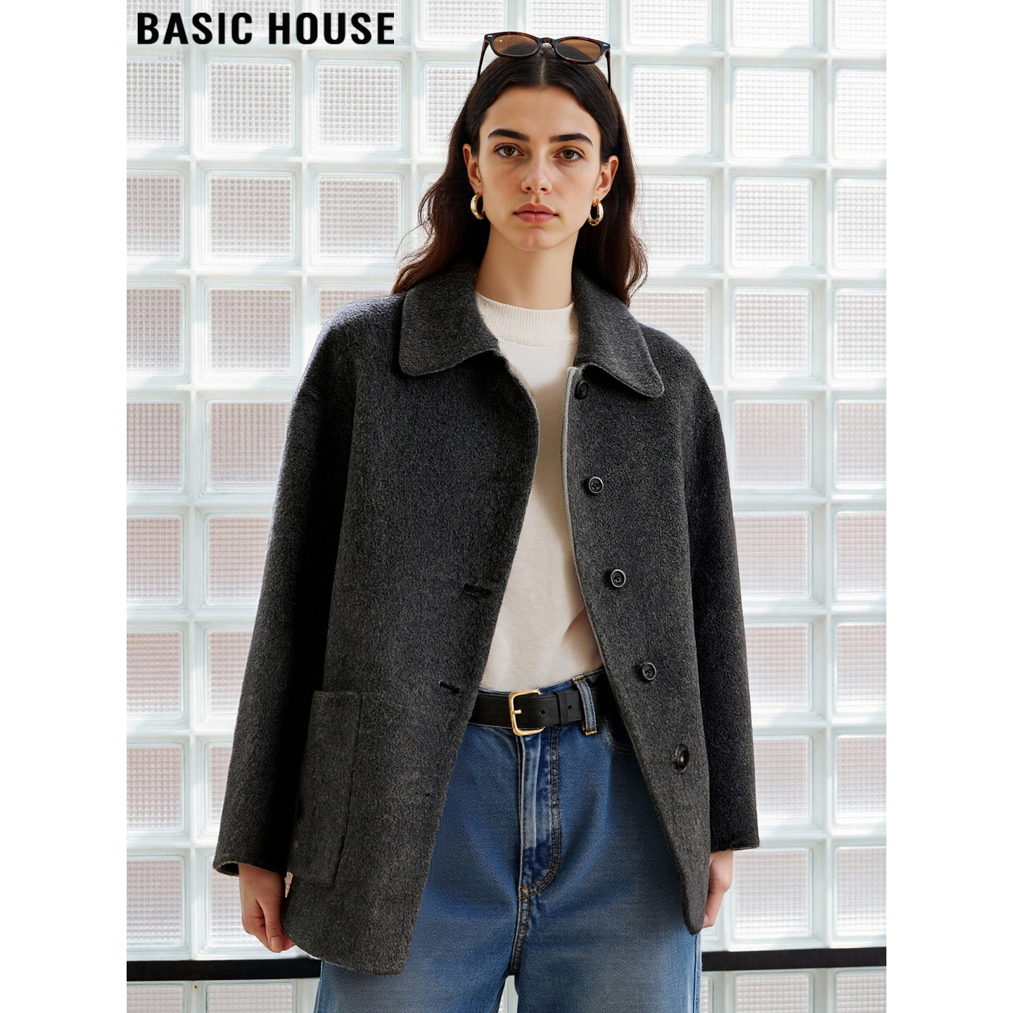 百家好英伦风灰色翻领毛呢外套女