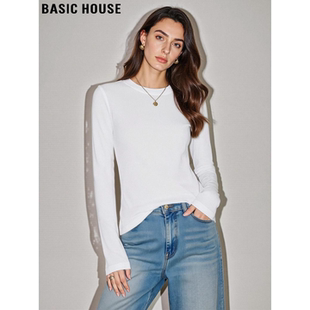 新款 Basic T恤女2026春季 百家好简约白色圆领长袖 天丝上衣 House
