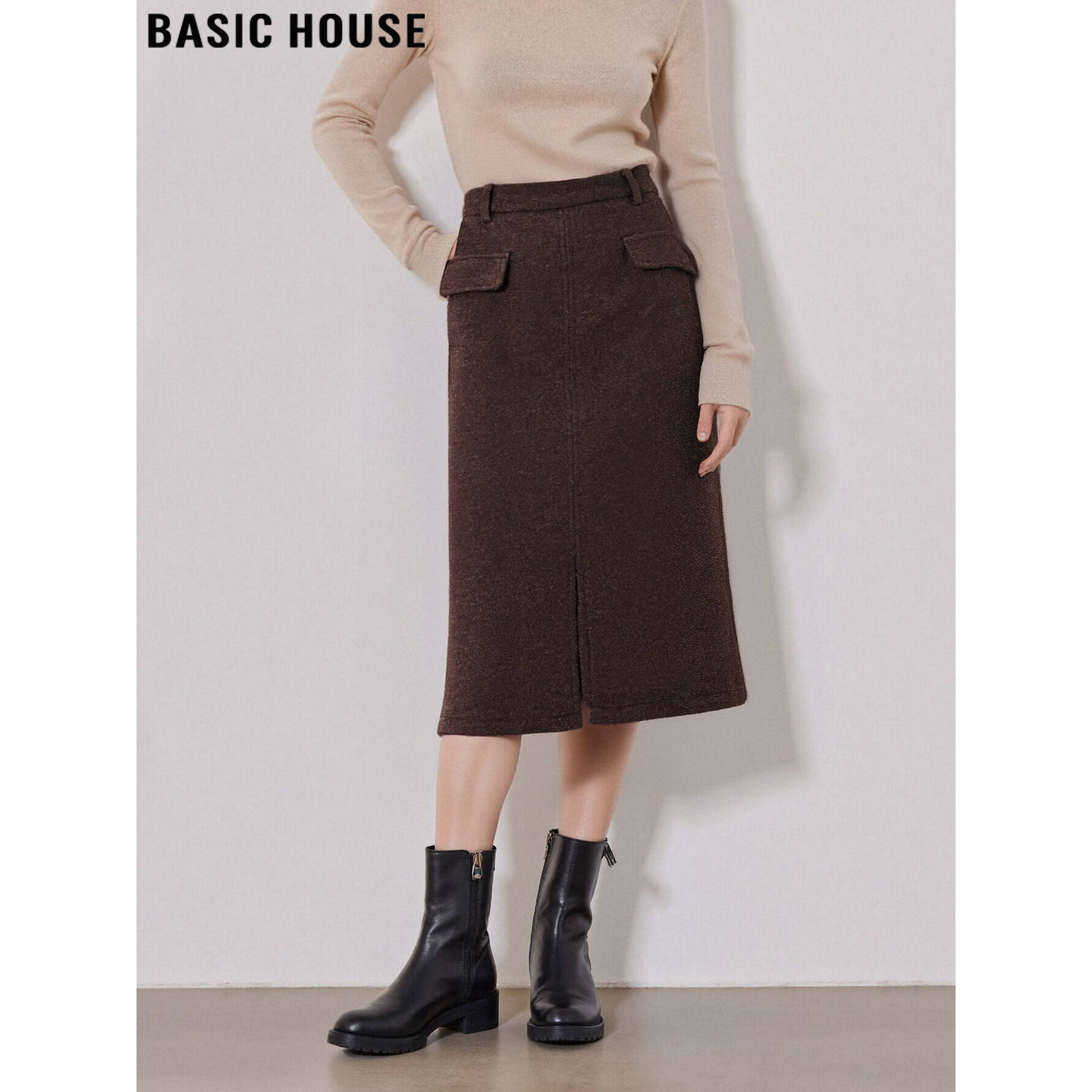 Basic House/百家好咖色毛呢半身裙女冬美拉德高腰直筒羊毛包臀裙,女装/女士精品,半身裙,淘宝优惠券,粉丝福利购,淘宝优惠卷
