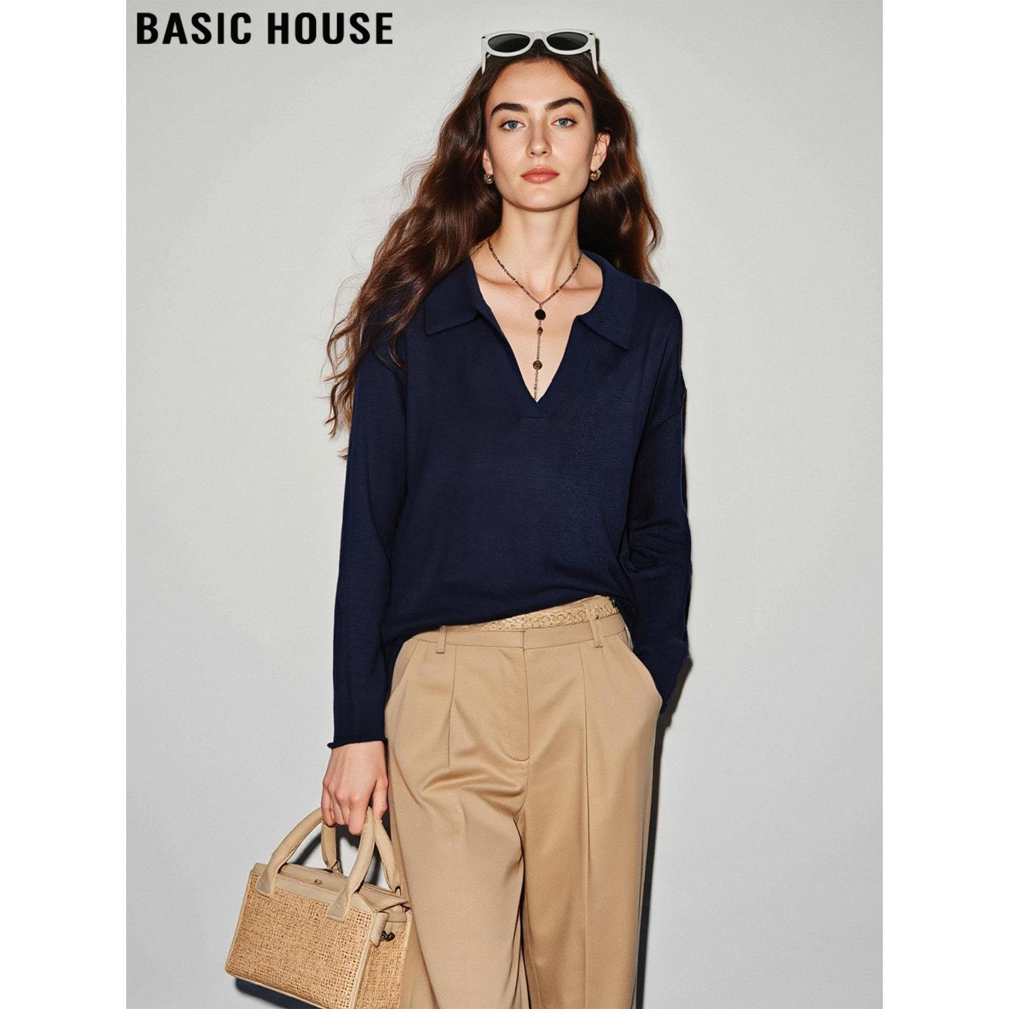 法式藏蓝色翻领软糯针织衫女