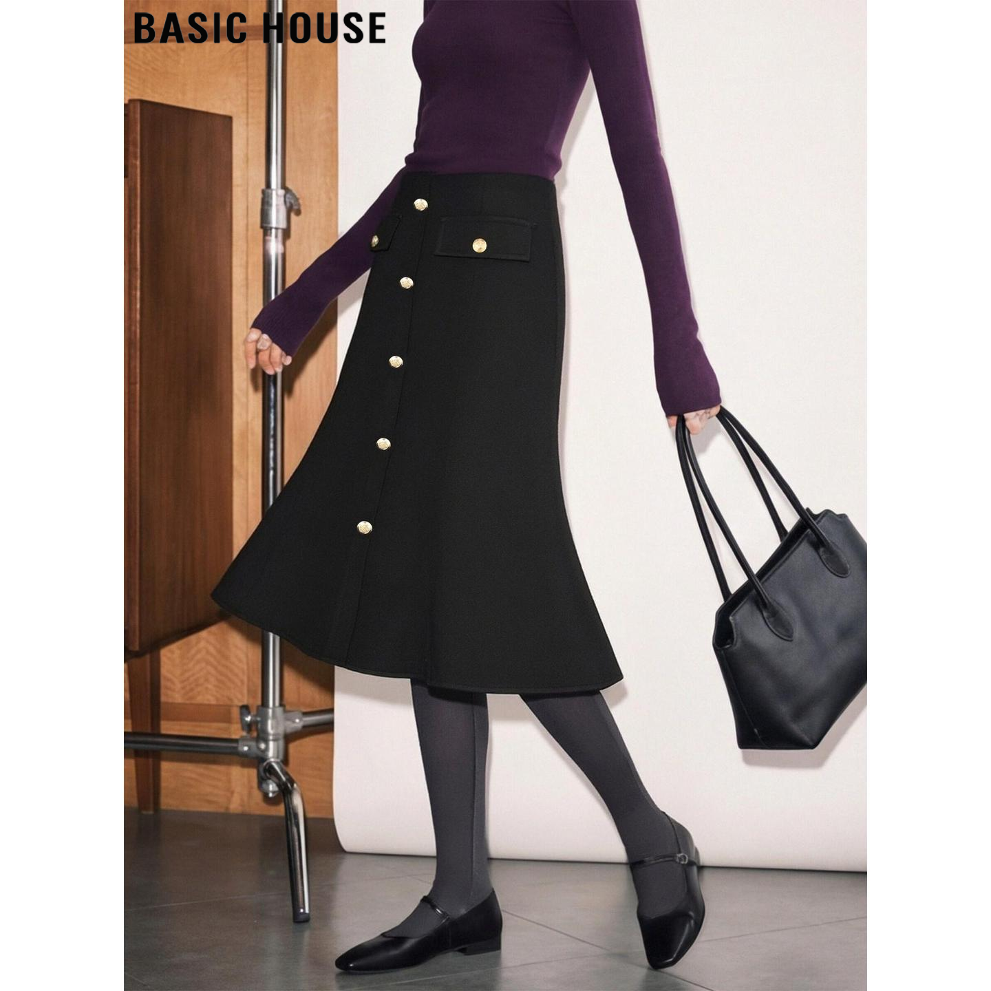 Basic House/百家好黑色鱼尾半身裙女2026春季新款高腰气质A字裙,女装/女士精品,半身裙,淘宝优惠券,粉丝福利购,淘宝优惠卷