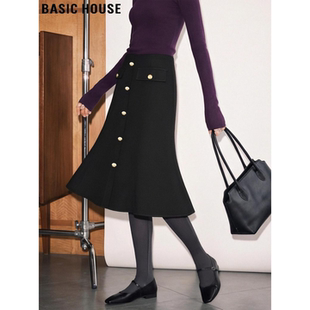 新款 百家好黑色鱼尾半身裙女2026春季 高腰气质A字裙 House Basic