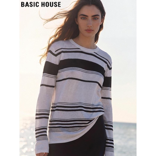 House 亚麻防晒罩衫 百家好黑白条纹天丝长袖 薄款 t恤女夏季 Basic