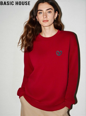 Basic House/百家好本命年红色圆领卫衣女冬季宽松加绒加厚打底衫