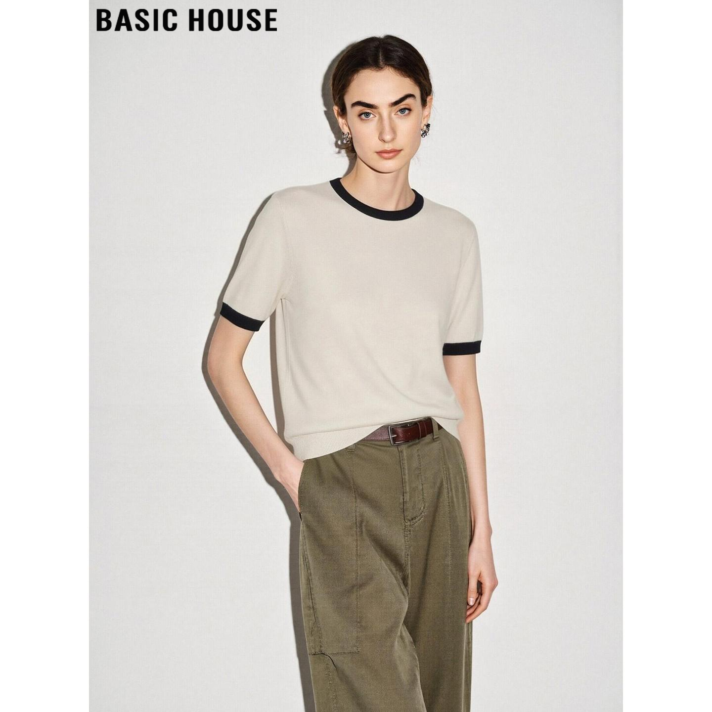 Basic House/百家好杏色圆领冰丝针织短袖女夏季薄款撞色正肩T恤