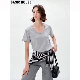 T恤女夏季 Basic 冰丝短袖 百家好基础款 纯色正肩含亚麻上衣 House