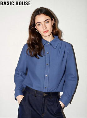 Basic House/百家好复古蓝色磨毛长袖衬衫女冬季内搭叠穿翻领衬衣