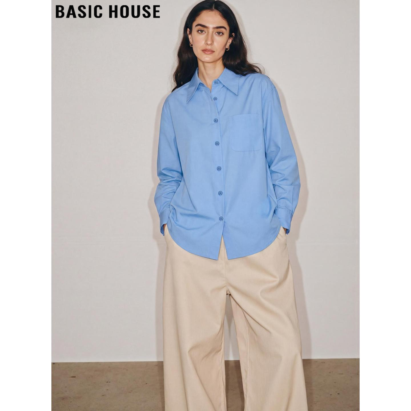 Basic House/百家好蓝色POLO领衬衫女士2026春季新款宽松长袖衬衣,女装/女士精品,衬衫,淘宝优惠券,粉丝福利购,淘宝优惠卷