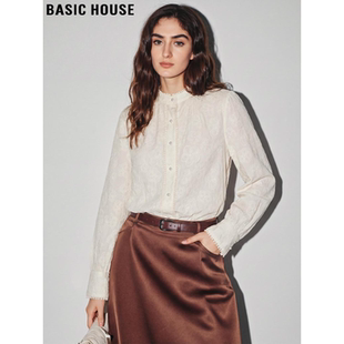 女2026春季 百家好绣花立领纯棉衬衫 新款 法式 衬衣 Basic 长袖 House