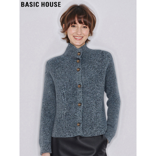 Basic House/百家好花灰色100%羊毛半高领毛衣外套女冬季加厚上衣